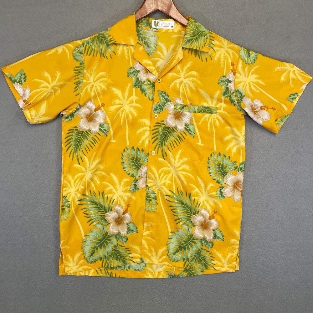 V.H.O‎ Hawaiian Shirt Men M Yellow Tropical Floral Palm Tree Short Sleeve Aloha